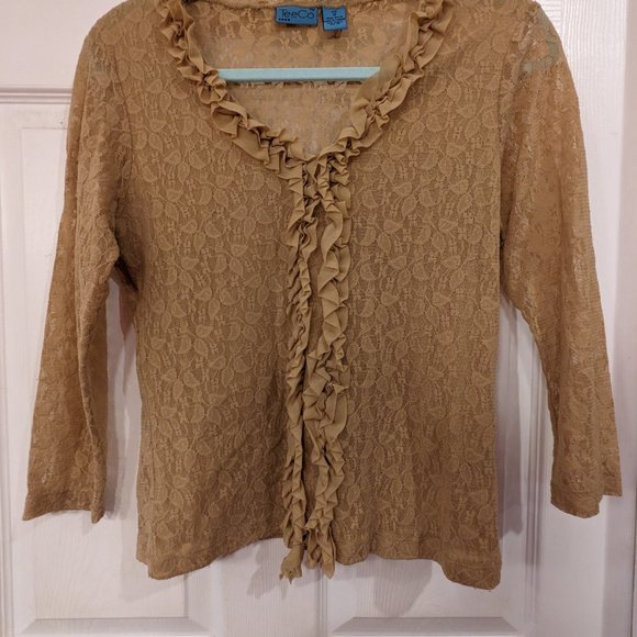 Tan Ruffle V Neck Lace Top with Front Lining 3/4 Length Sleeves - Picture 2 of 9